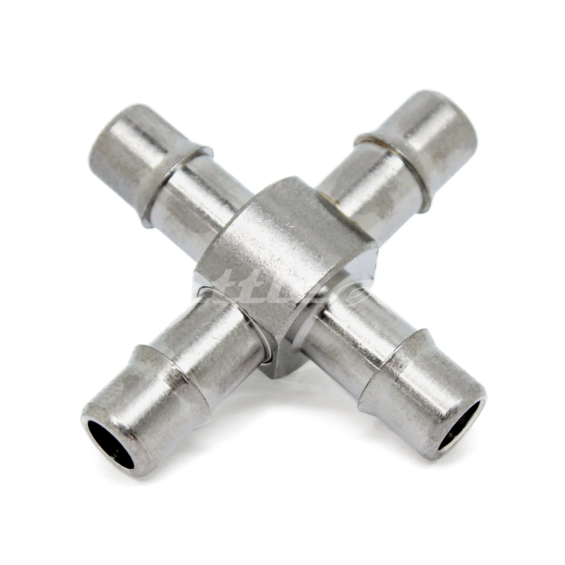 Nickel-Plated Brass Cross Union 1/4" Hose ID Barb, Single Barb Design