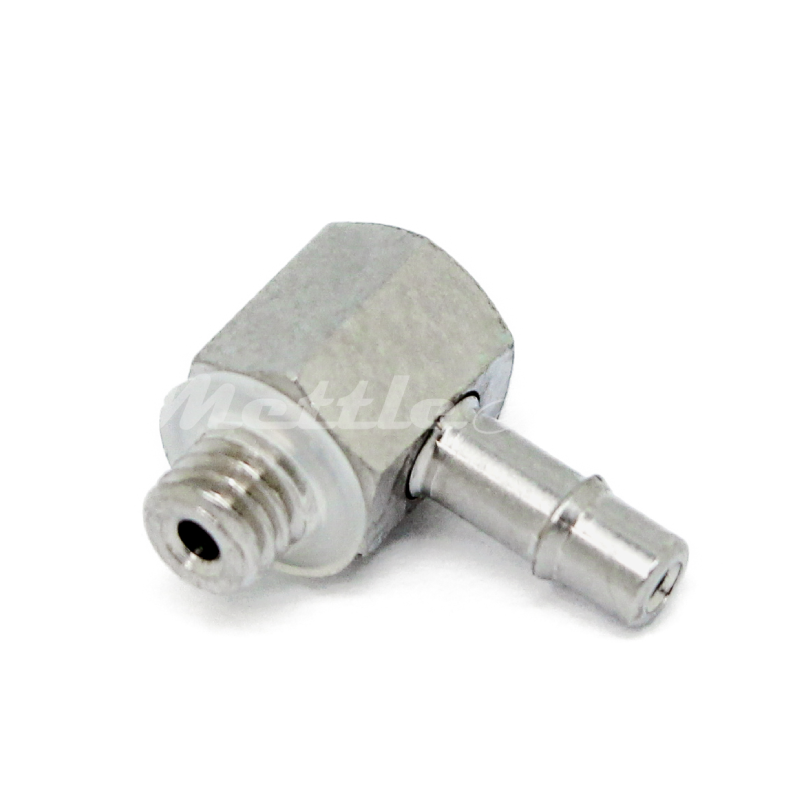 Nickel-Plated Brass 90° Male Elbow 1/16" Hose ID Barb - M3 x 0.5 Male, Single Barb Design