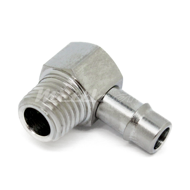Nickel-Plated Brass 90° Male Elbow 3/16" Hose ID Barb - 1/16" NPT Male, Single Barb Design