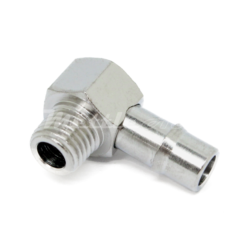 Nickel-Plated Brass 90° Male Elbow 1/4" Hose ID Barb - 1/16" NPT Male, Single Barb Design