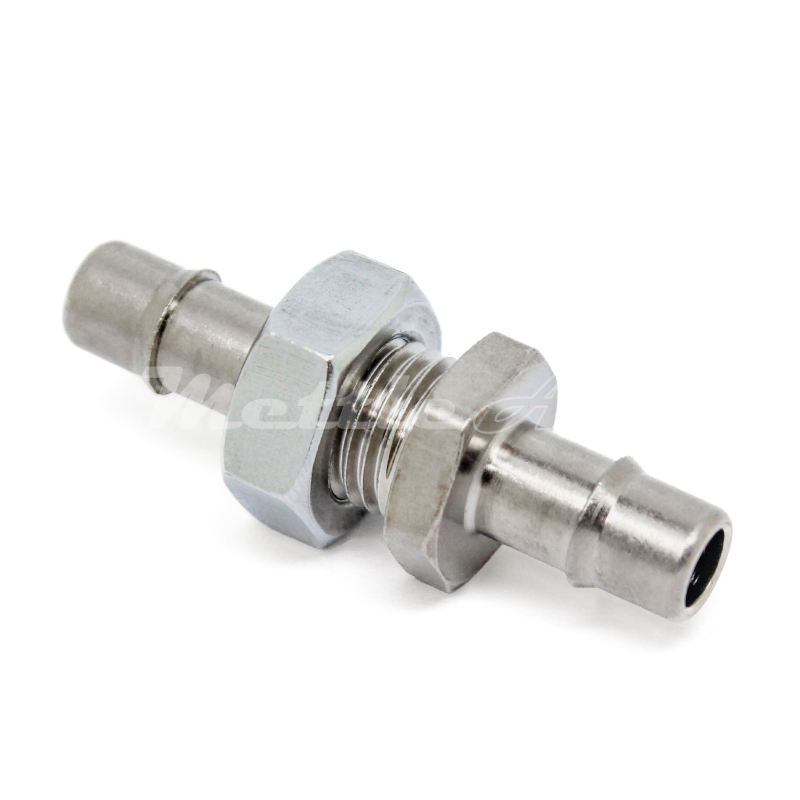 Nickel-Plated Brass Bulkhead Splicer 1/4" Hose ID Barb - 1/4" Hose ID Barb, Single Barb Design