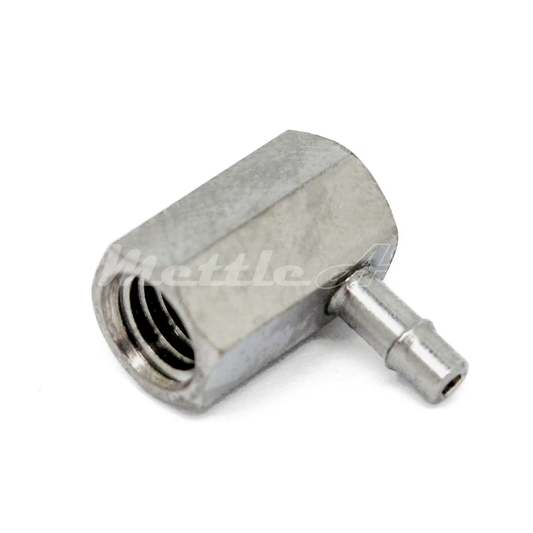 Nickel-Plated Brass 90° Female Elbow 1/16" Hose ID Barb - 10-32 UNF Female, Single Barb Design