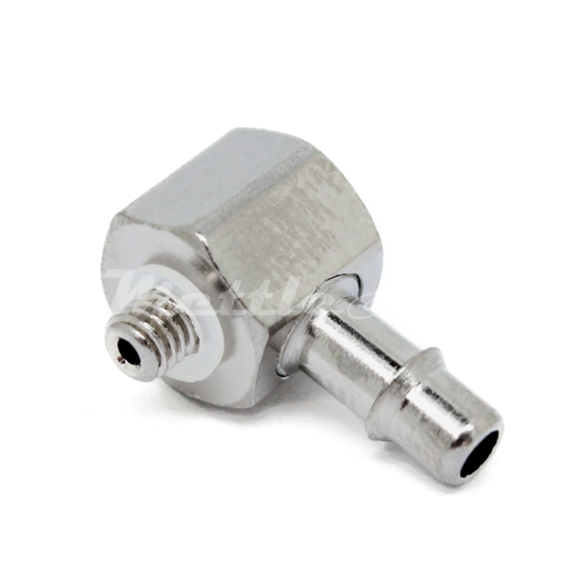 Nickel-Plated Brass 90° Male Elbow 1/8" Hose ID Barb - M3 x 0.5 Male, Single Barb Design