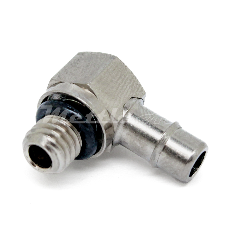 Nickel-Plated Brass 90° Male Elbow 3/16" Hose ID Barb - M6 x 1.0 Male, Single Barb Design
