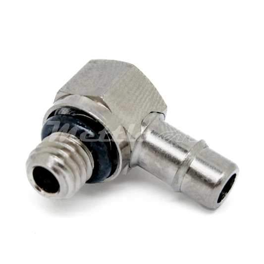 Nickel-Plated Brass 90° Male Elbow 3/16" Hose ID Barb - M6 x 1.0 Male, Single Barb Design