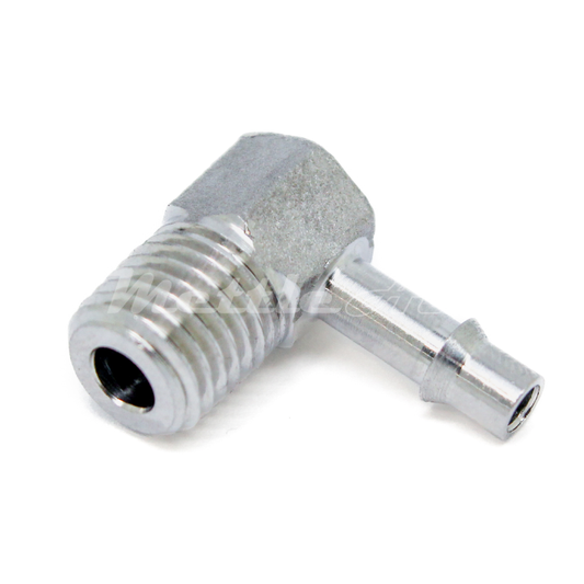 Stainless Steel 316L 90° Male Elbow 1/8" Hose ID Barb - 1/16" NPT Male, Single Barb Design