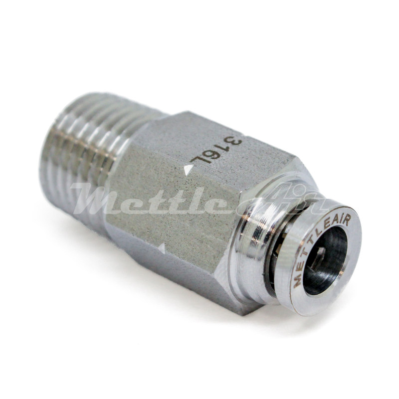 Stainless Steel 316L PTC Check Valve Male, Flow from Tube to Thread, 6 mm OD - 1/4" NPT Male
