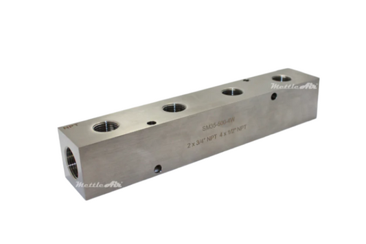 Stainless Steel 316L Manifold 2 x 3/4" NPT IN - 4 x 1/2" NPT Out (2.5" Centre to Centre) Wide